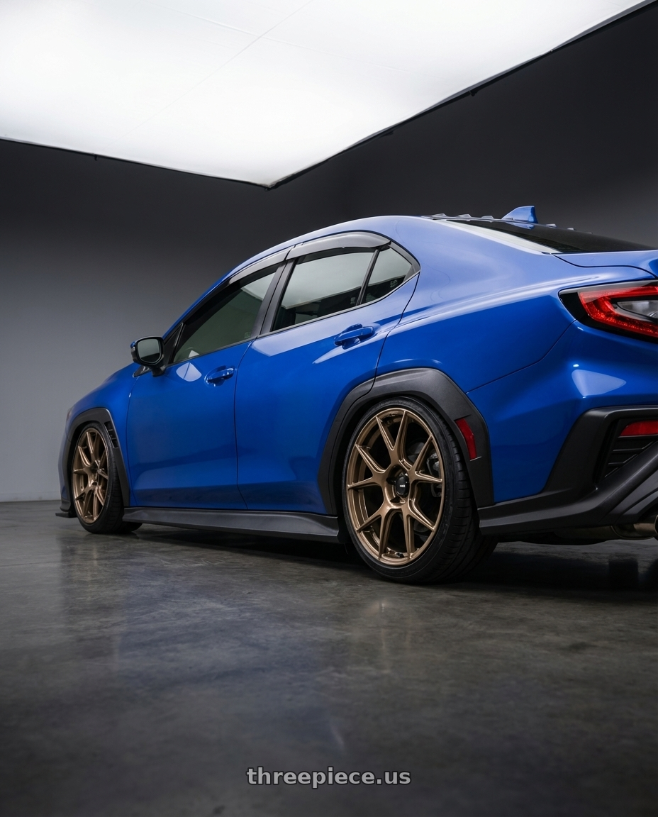 2024 Subaru WRX with Konig Ampliform 5x114.3 19x9.5+25 Gloss Bronze wheels rear three quarter view slight stretch tires