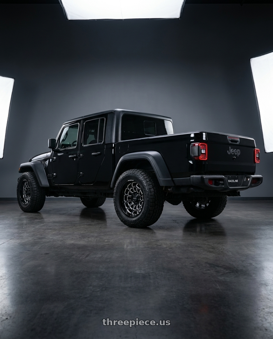 2021 jeep gladiator  with Raceline 955M Warp 5x127 20x10 -19 Satin Black and Milled wheels rear three quarter view square tires
