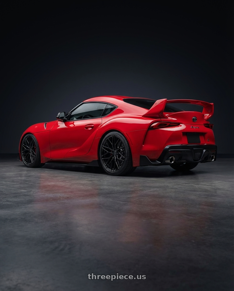 2023 Toyota GR Supra with Avant Garde Wheels M520R 5X112 19x8.5 +35 Gloss Black wheels rear three quarter view square tires