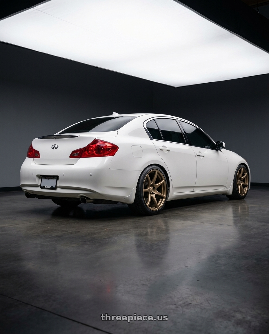 2012 Infiniti G37 with Kansei K11B Tandem 5x114.3 19x10.5 22 Bronze wheels rear three quarter view square tires