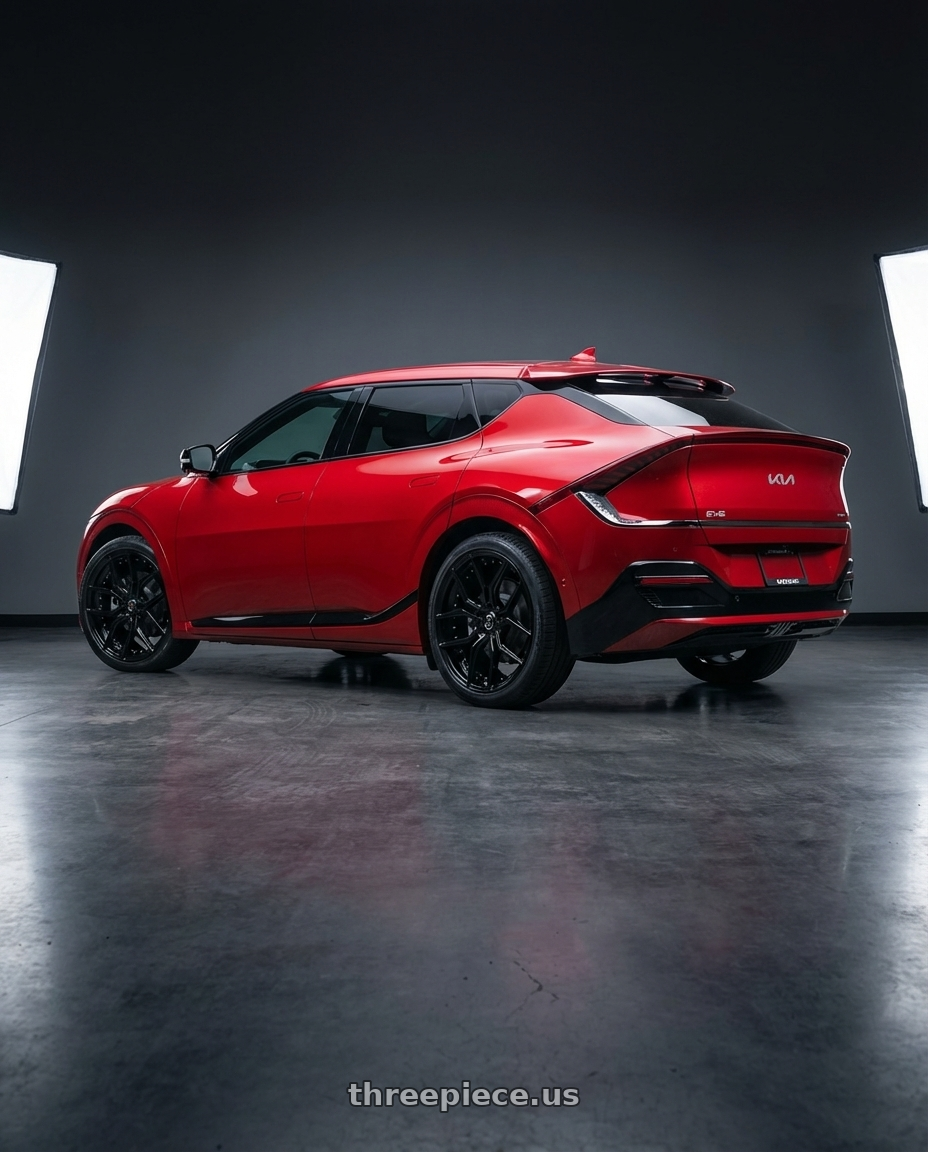 2024 kia ev6 with MARQUEE WHEELS M1000 5x120 20x9+33 GLOSS BLACK wheels rear three quarter view square tires