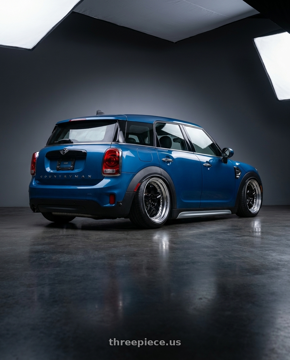 2018 Mini countryman with Work Meister S1 3P 5x100 18x9+48 A Disk Black wheels rear three quarter view slight stretch tires