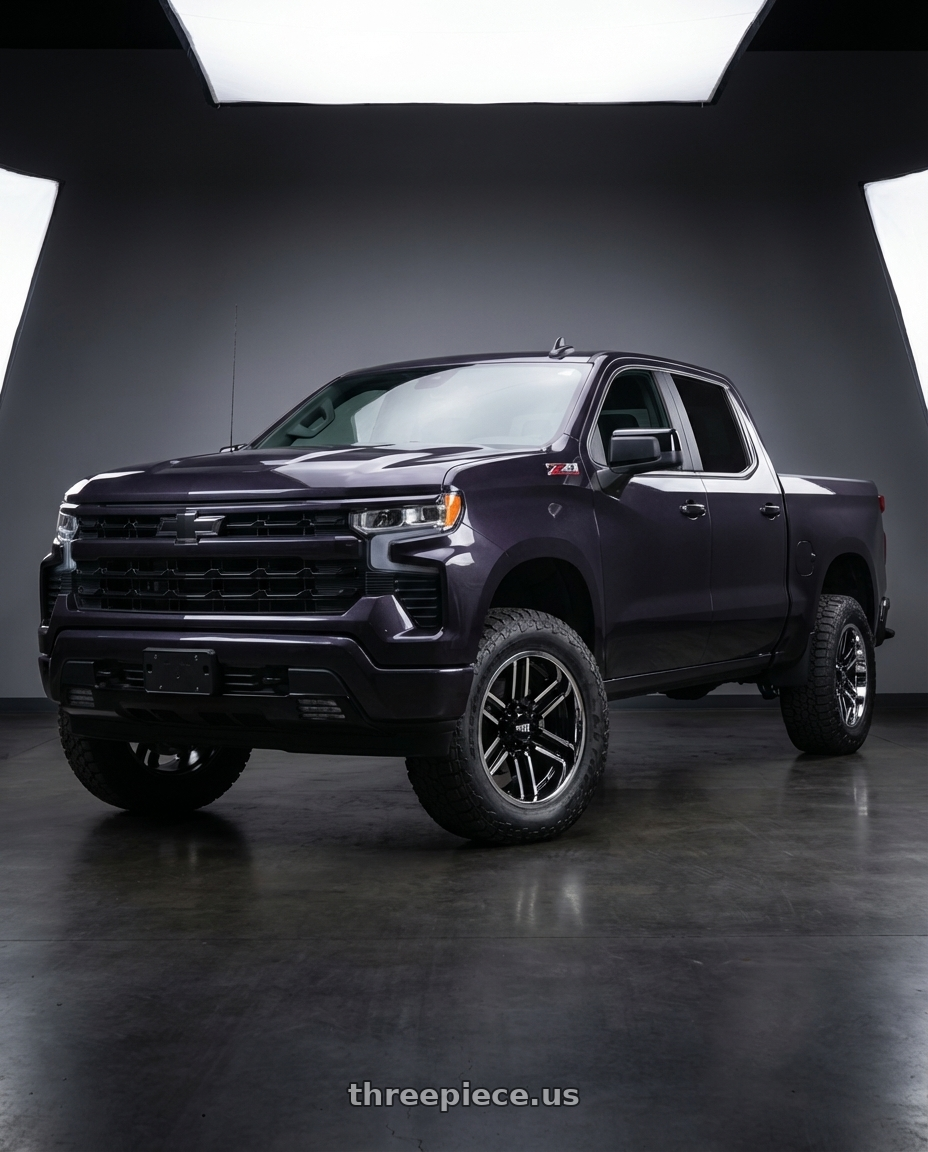 2023 Chevrolet Silverado 1500 with Moto Metal MO202 6X139.7 20X12 -44 GLOSS BLACK MACHINED CENTER CHROME LIP wheels