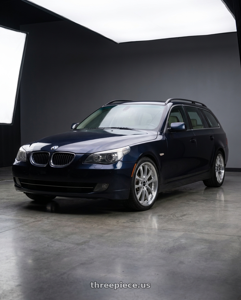 2008 BMW 535xi with ARC AR5 5x120 18x8.5  +35 Silver Machine Face Lip Chrome Rivet wheels front three quarter view stock stance
