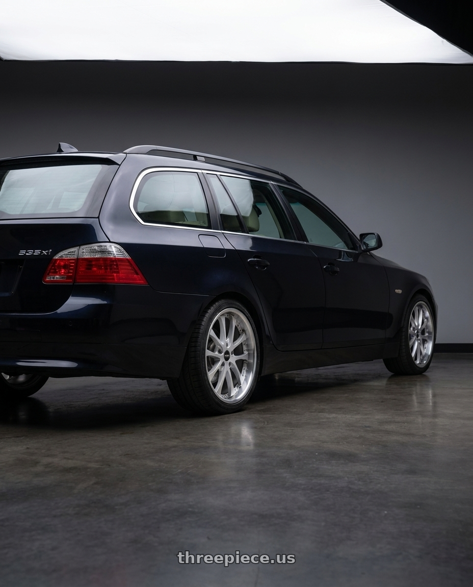 2008 BMW 535xi with ARC AR5 5x120 18x8.5  +35 Silver Machine Face Lip Chrome Rivet wheels rear three quarter view square tires