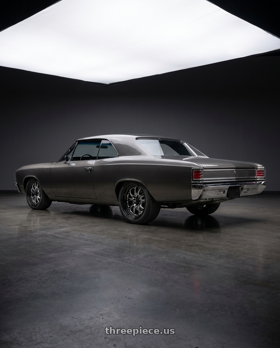 1967 gm chevelle with Boyd Coddington BC3 Bristol 5x120.65 17x4.5 -24 Gloss Black / Milled Spokes wheels rear three quarter view square tires