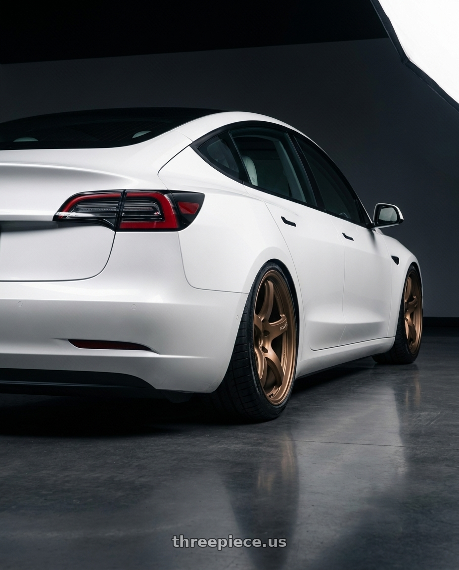 2021 tesla model 3 sr+ white with Gram Lights 57CR 5x114.3 18x9.5+38 Bronze II wheels rear three quarter view slight stretch tires