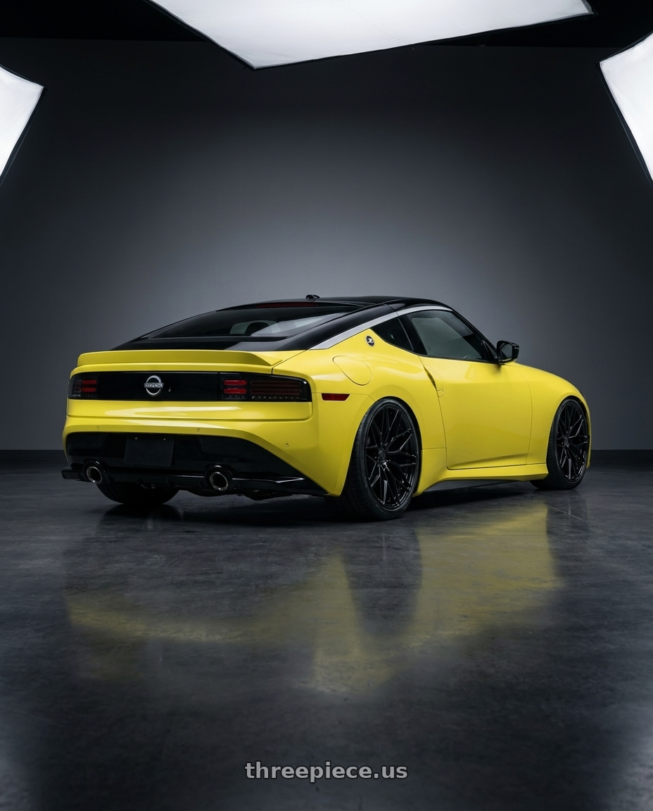 2024 Nissan Z with Avant Garde Wheels M520R 5X114.3 19x8.5 +35 Gloss Black wheels rear three quarter view slight stretch tires