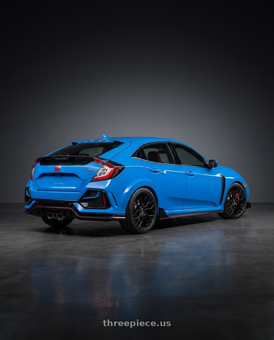 2021 Honda Civic Type R with DOLCE PERFORMANCE PISTA 5x114.3 20x10 +40 Gloss Black wheels rear three quarter view square tires