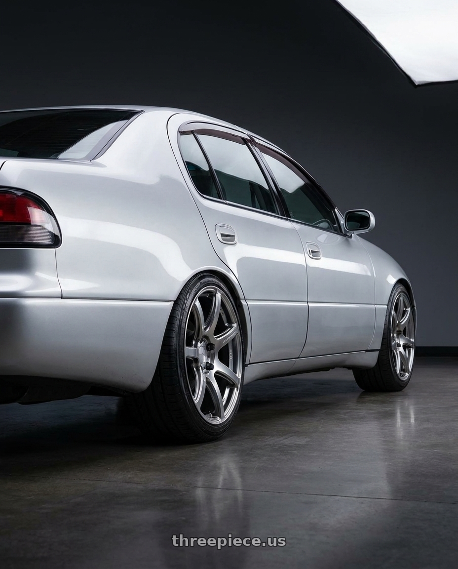 1995 lexus gs300  with Work Emotion T7r 5x114.3 18x9.5 +22 Gt Silver wheels rear three quarter view square tires