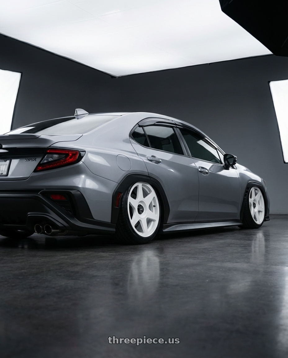 2024 Subaru wrx  with fifteen52 TARMAC EVO 5x114.3 / 5x120 19x8.5 +35 RALLY WHITE (GLOSS WHITE) wheels rear three quarter view extreme stretch tires