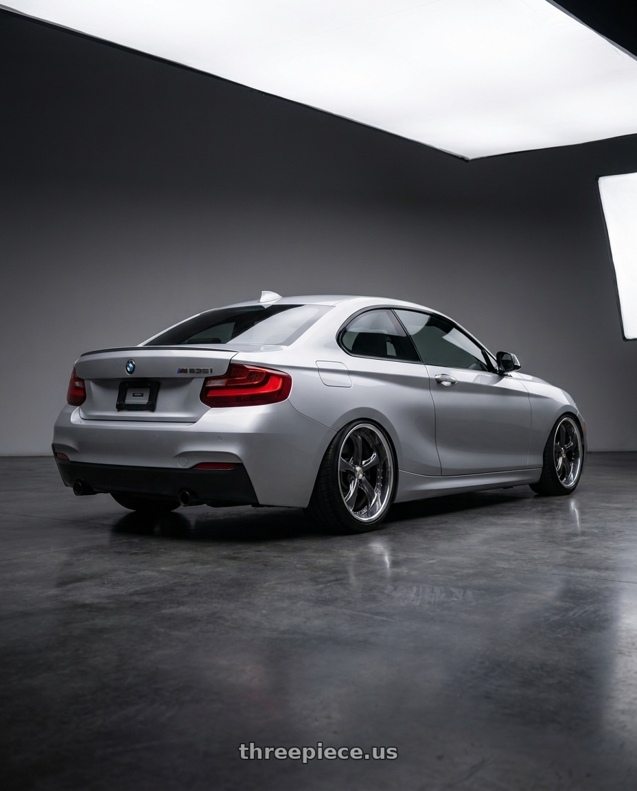 2016 bmw m235i with Work Wheels VS-KF 5X114.3 19x7.5+34 Brilliant Silver Black A Disk FULL REVERSE wheels rear three quarter view slight stretch tires