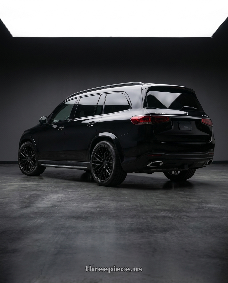 2023 Mercedes GLS 450 with Brada FR100 5x112 21x11 +35 Satin Black wheels rear three quarter view square tires
