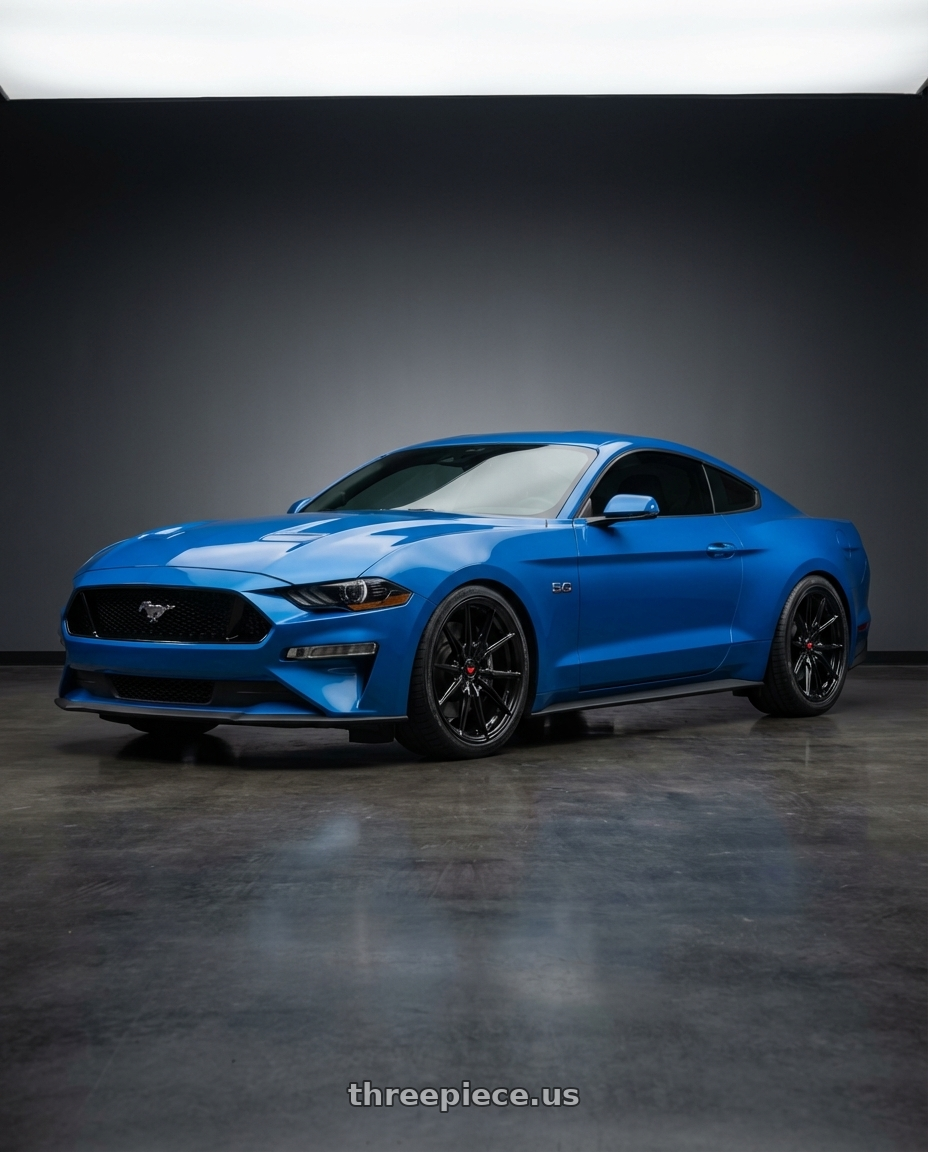 2022 Ford Mustang GT with Vossen HF-5 19x8.5 / 5x114.3 / ET32 / Flat Face / 73.1 - Gloss Black Wheel - HF5-9N60 wheels front three quarter view lowered stance