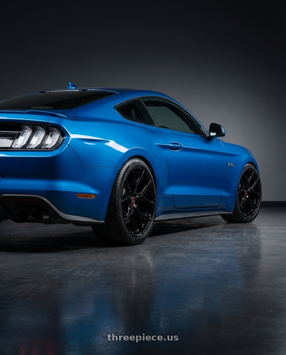 2022 Ford Mustang GT with Vossen HF-5 19x8.5 / 5x114.3 / ET32 / Flat Face / 73.1 - Gloss Black Wheel - HF5-9N60 wheels rear three quarter view square tires