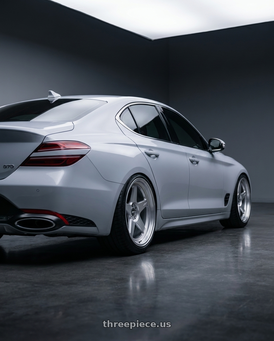 2022 Genesis G70 with ESR Wheels CR SERIES CR5 5x100 18x10.5 +22 Hyper Silver wheels rear three quarter view slight stretch tires