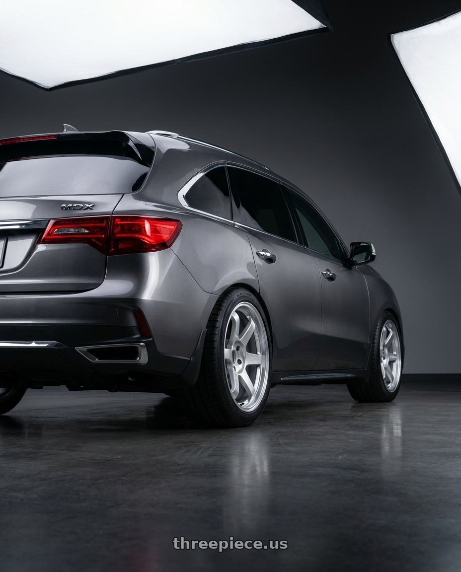 2014 Acura Mdx with Volk Racing TE37 ULTRA M-SPEC 5x114.3 19x8.5+35 Diamond Silver wheels rear three quarter view square tires