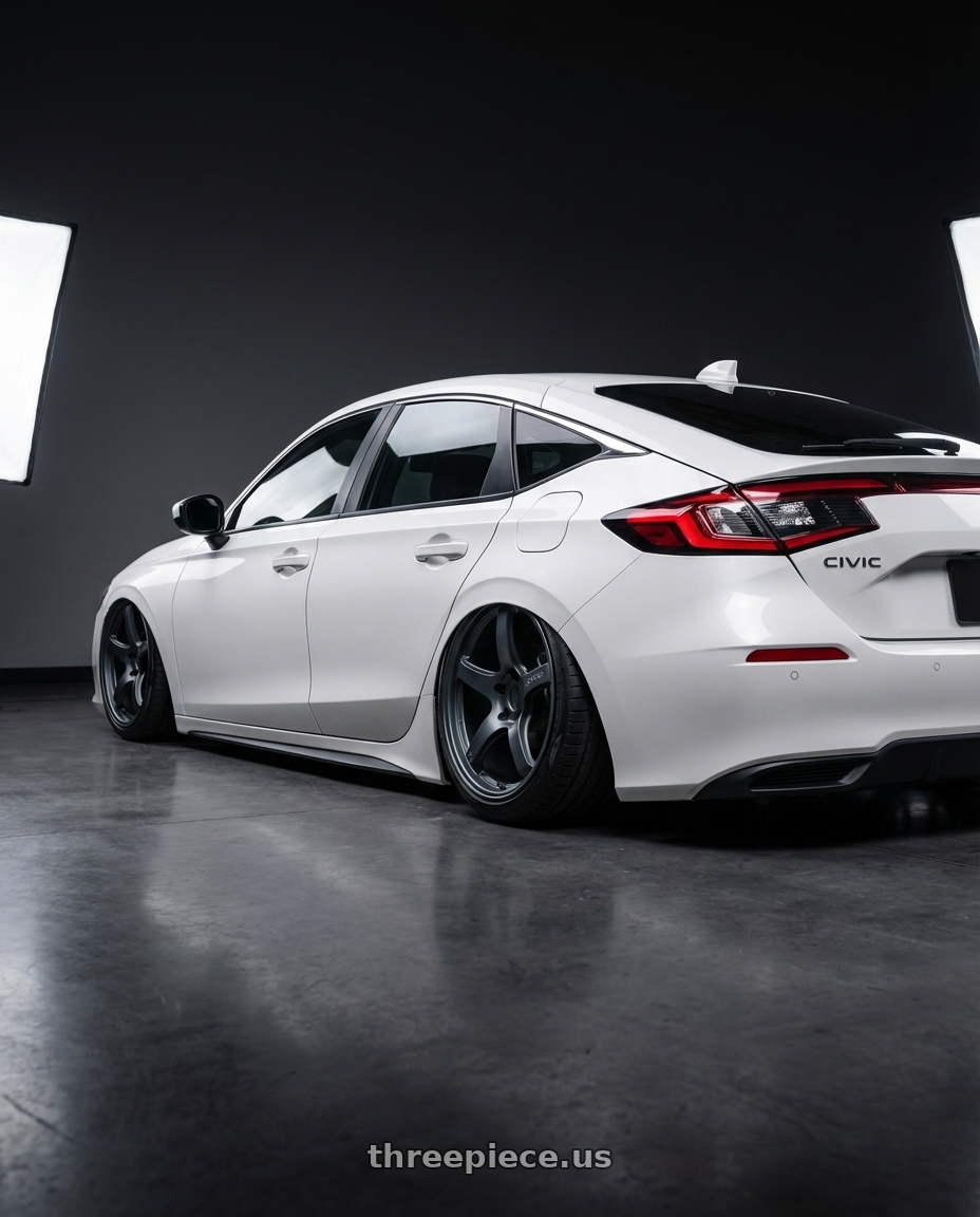 2024 Honda Civic with Gram Lights 57CR 5x114.3 19x8.5+45 Gunblue II wheels rear three quarter view slight stretch tires