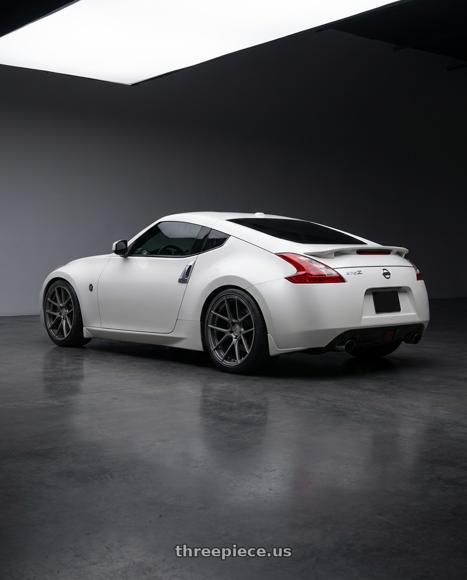 2019 Nissan 370Z with Avant Garde Wheels M510 5X114.3 19x9.5 +40 Dolphin Grey wheels rear three quarter view square tires