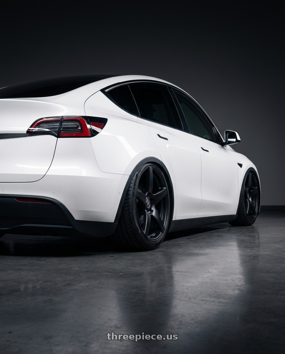 2024 Tesla Model Y with Forgestar CF5 5x114.3 20x9 +35 Satin Black wheels rear three quarter view slight stretch tires