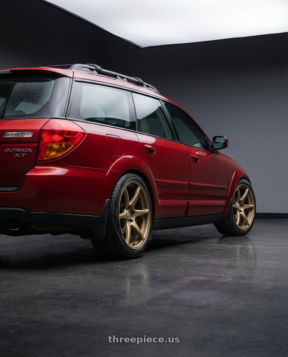 2005 outback xt with Kansei K11B Tandem 5X100 18x8.5 35 Bronze wheels rear three quarter view slight stretch tires