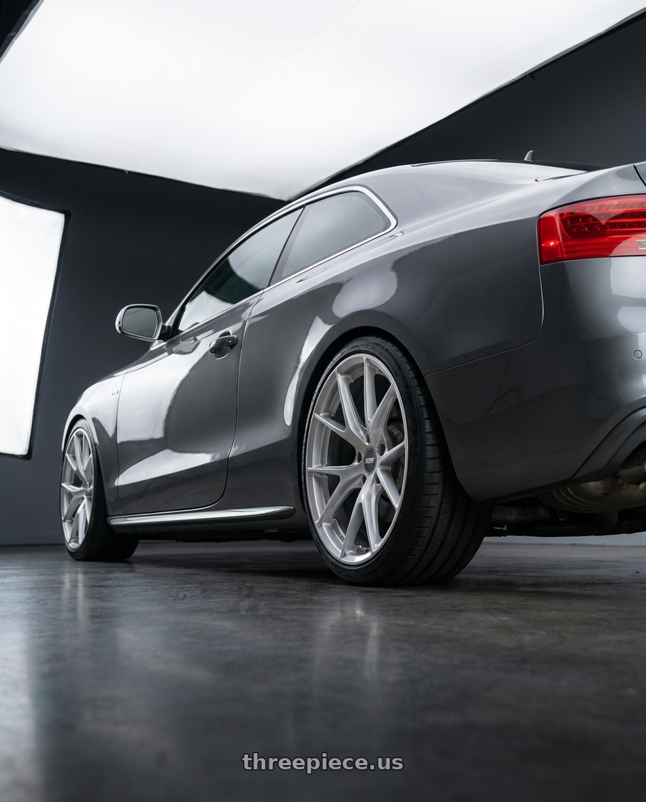 2015 Audi S5 Coupe Monsoon Grey Metallic with ESR Wheels FORGETECH SERIES RF2 5x112 19x9.5 +35 Hyper Silver wheels rear three quarter view square tires