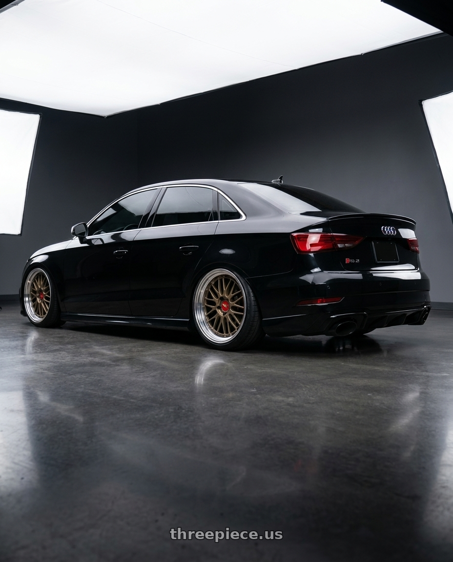 2017 Audi RS3 with BBS LM 5x112 20x10.0+22 Matte Bronze wheels rear three quarter view extreme stretch tires