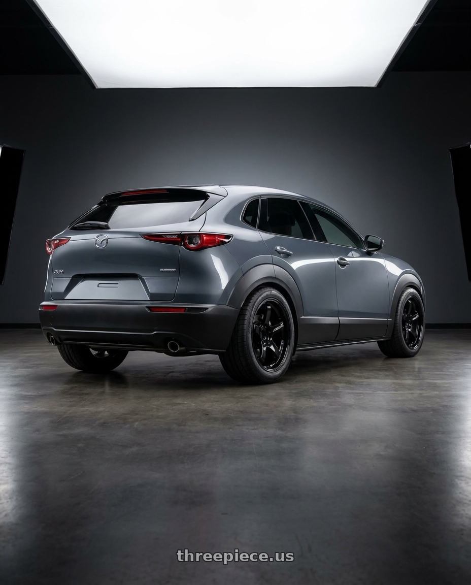 2020 mazda cx30 with Advan Racing GT PV 5x120 19x8.5 +47 RACING GLOSS BLACK wheels rear three quarter view meaty tires