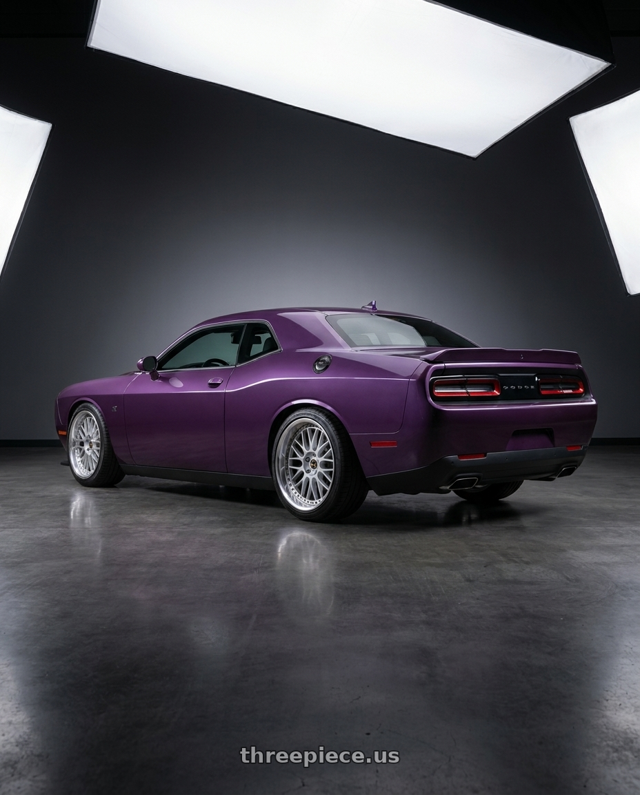 2022 DODGE CHALLENGER R T with Work Vs-Xx 5x115 20x11-2 R Disk Light Grey Silver wheels rear three quarter view slight stretch tires