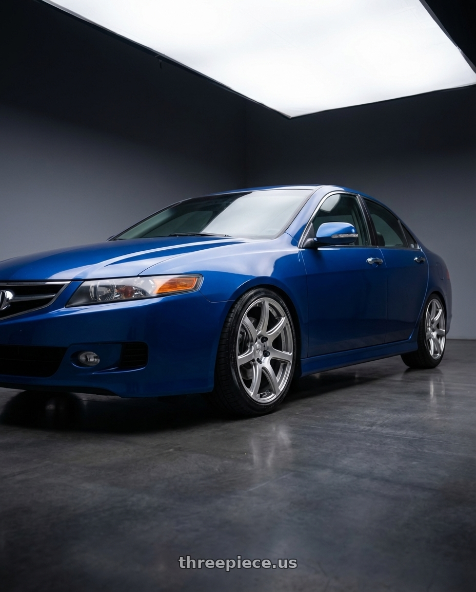 2003 Acura Tsx with Work Emotion T7r 5x100 18x8.5 +38 Gt Silver wheels front three quarter view lowered stance