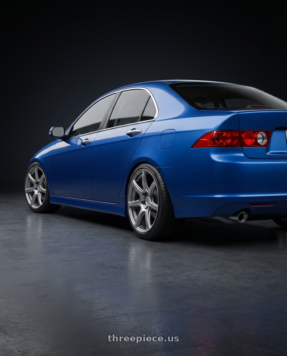 2003 Acura Tsx with Work Emotion T7r 5x100 18x8.5 +38 Gt Silver wheels rear three quarter view slight stretch tires