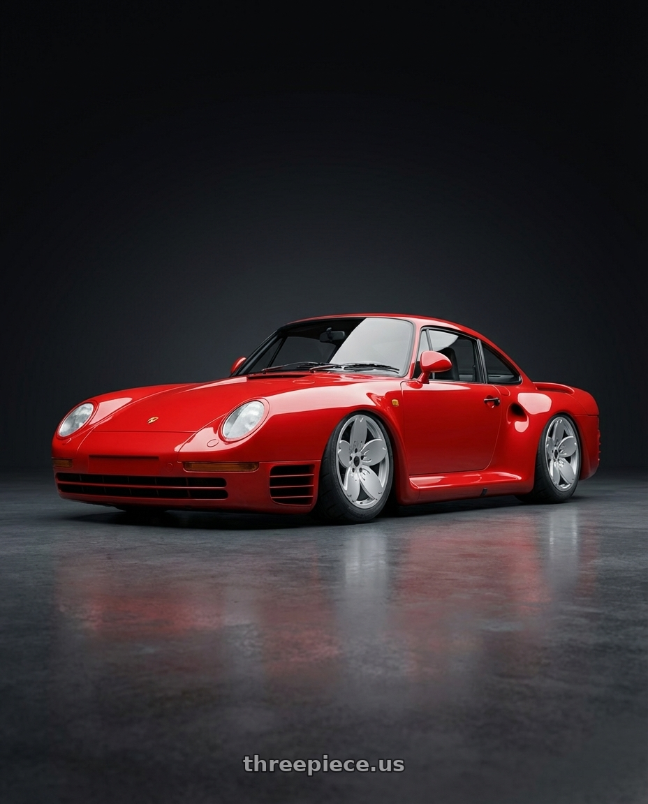 1989 Porsche 959  with Heritage Wheel Sakura MonoC 5X105 18x9.5+22 Silver wheels front three quarter view stanced stance