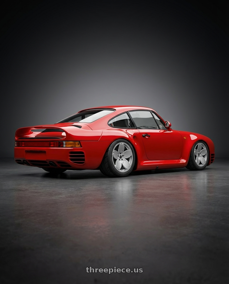 1989 Porsche 959  with Heritage Wheel Sakura MonoC 5X105 18x9.5+22 Silver wheels rear three quarter view meaty tires