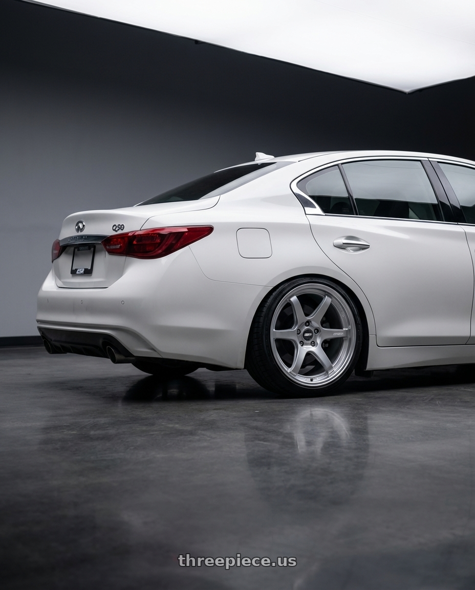 2020 Infiniti Q50 with ESR Wheels APEX SERIES AP6 5x114.3 19x9.5 +35 Hyper Silver wheels rear three quarter view square tires