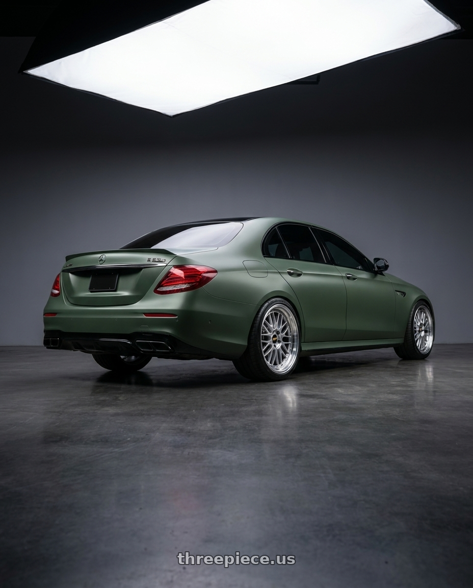 2018 mercedes benz e63s edition with BBS LM 5x112 21x9.0+22 Diamond Silver wheels rear three quarter view square tires