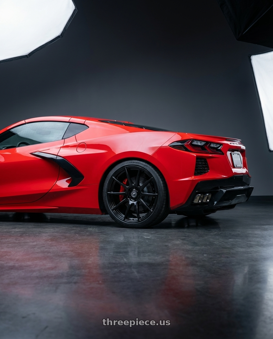 2024 Chevrolet Corvette C8 with Forgestar CF10 5x120.65 19x10 +30 Gloss Black wheels rear three quarter view square tires