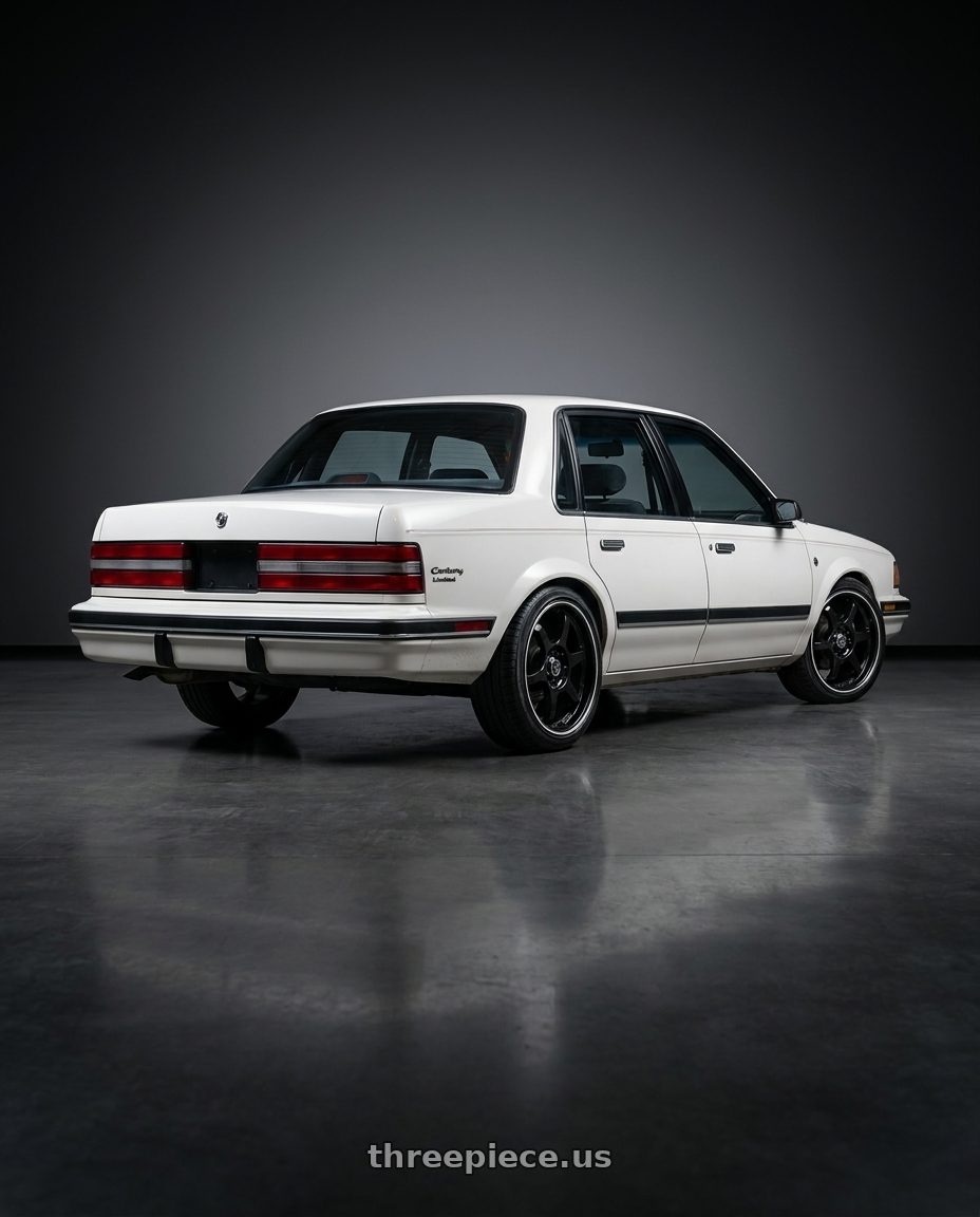 1990 Buick century limited white with G - LINE ALLOYS G6049 5x100/5x114.3 15x7+35 BLACK / MACHINED LINE wheels rear three quarter view slight stretch tires