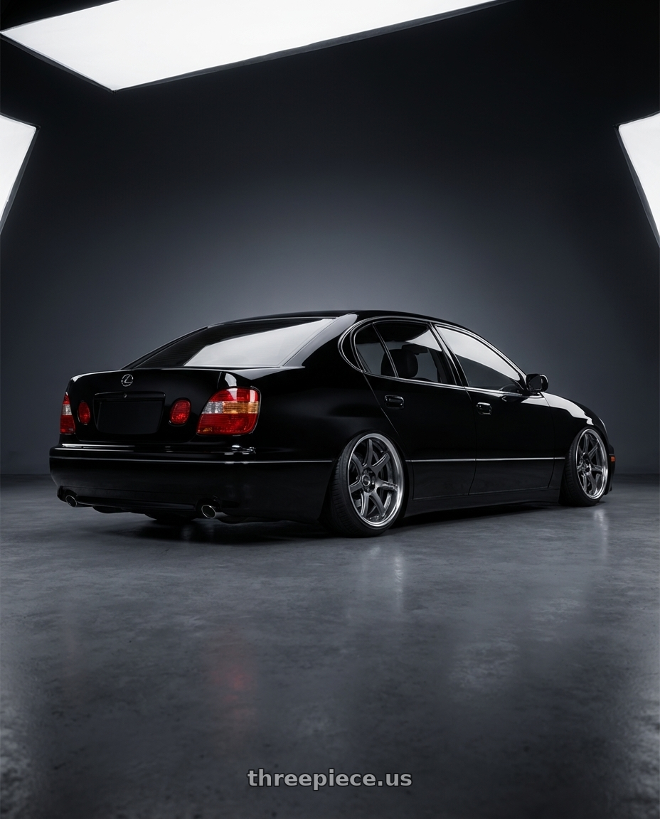 2004 Lexus gs430 black with Work Emotion T7R 2P wheels rear three quarter view slight stretch tires