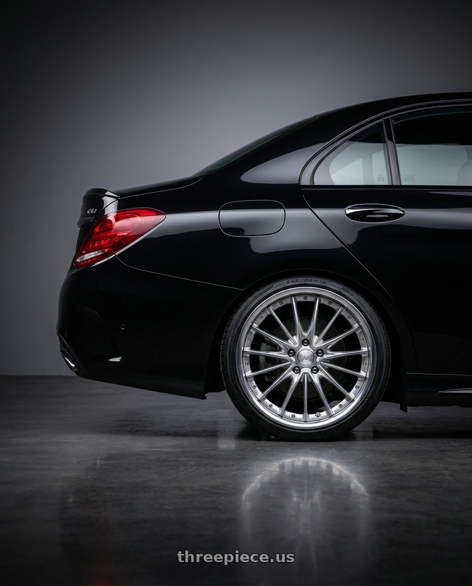 2018 mercedes benz c43 amg with Work Schwert Regnitz 5x112 19x8.5+45 A Disk Silky Rich Silver wheels rear three quarter view square tires