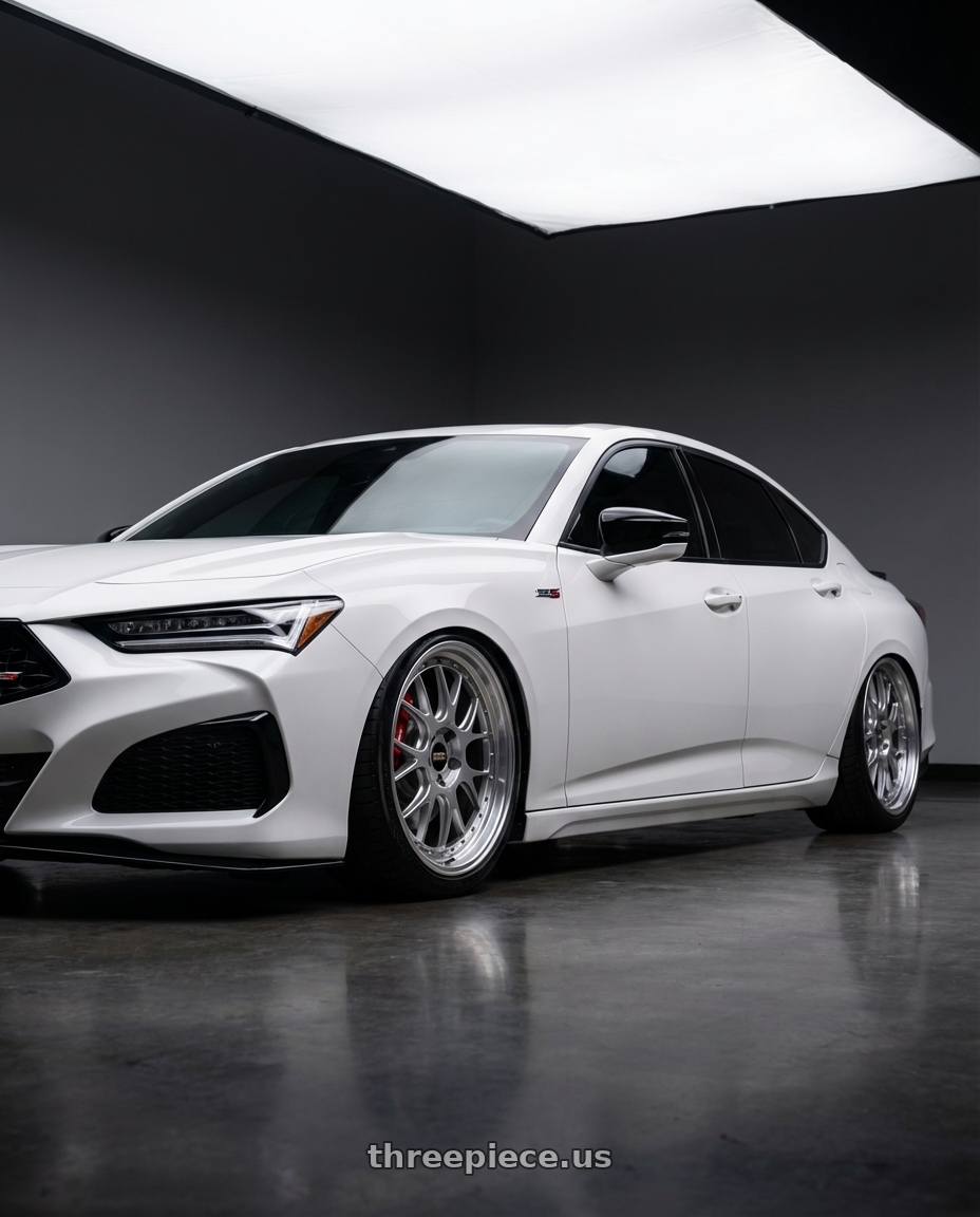 2023 acura tlx type s  with BBS LM-R 5x120 20x11.0+40 Diamond Silver wheels front three quarter view slammed stance