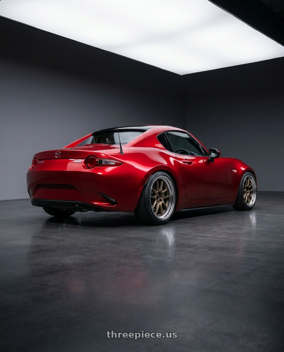 2024 mazda mx5 with Work Cr 2P 4x100 17x8.0 +38 Matte Bronze wheels rear three quarter view square tires
