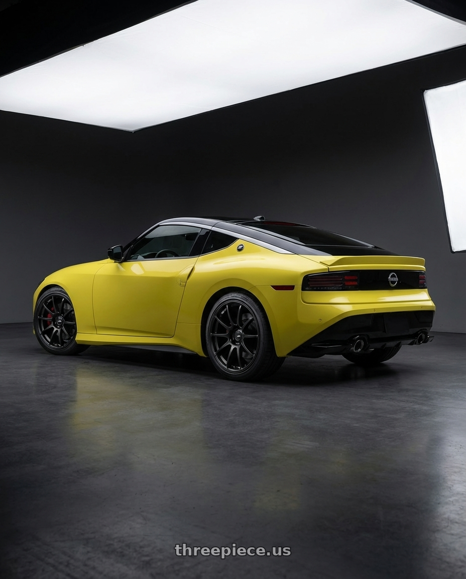 2024 Nissan Z with Ssr Gtv02 5x114.3 19x8.5+38  FLAT BLACK wheels rear three quarter view square tires