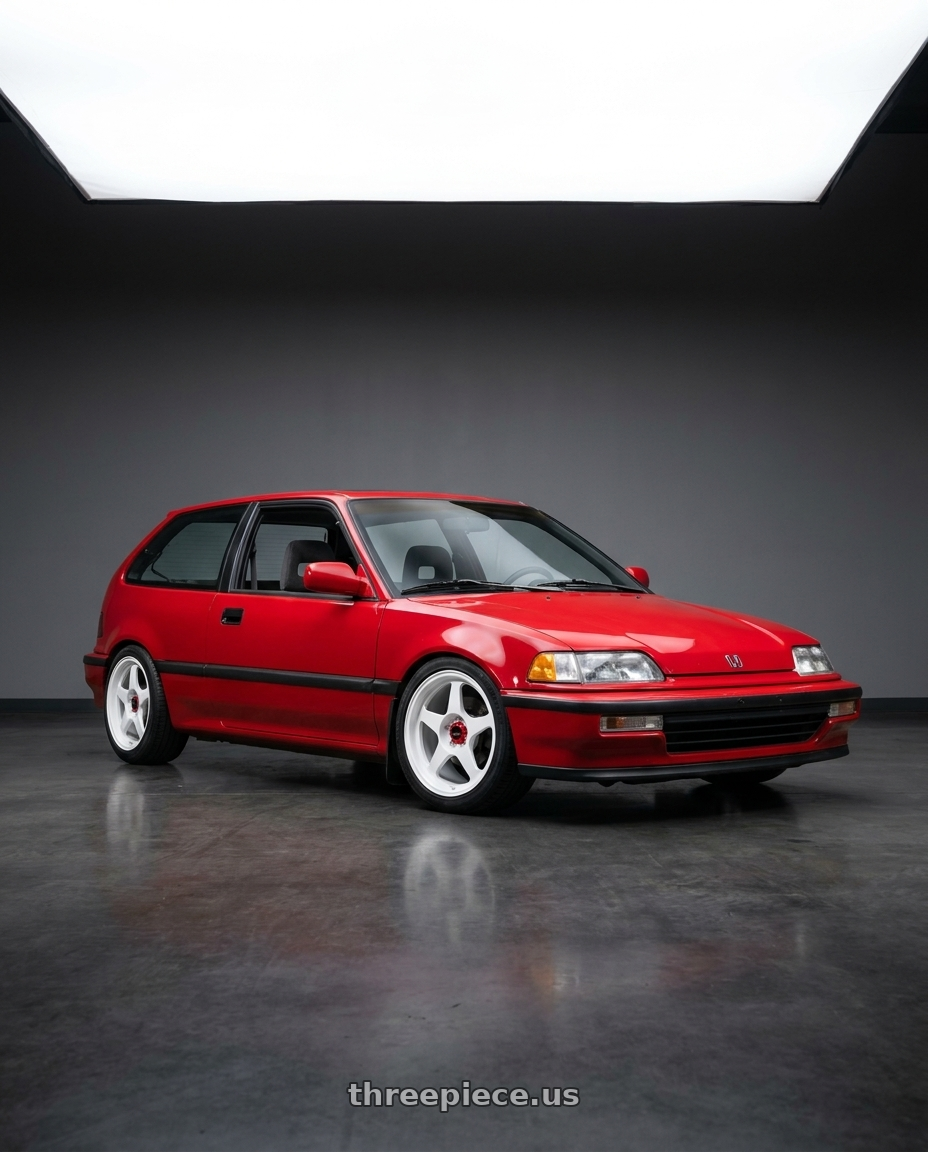 1991 Honda Civic Si hatchback with R6061 Forged R1 5x114.3 18X8.5 +35 Championship White wheels