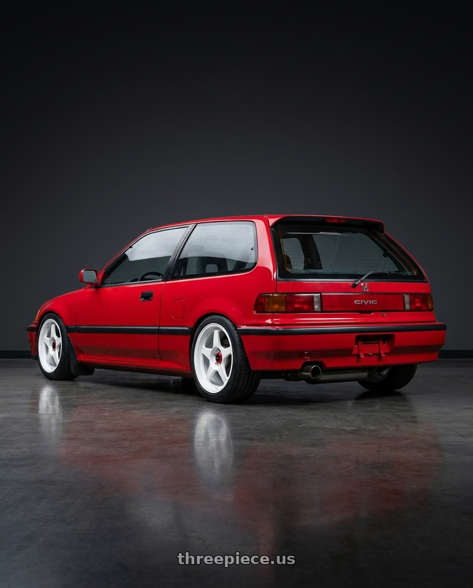 1991 Honda Civic Si hatchback with R6061 Forged R1 5x114.3 18X8.5 +35 Championship White wheels rear three quarter view square tires