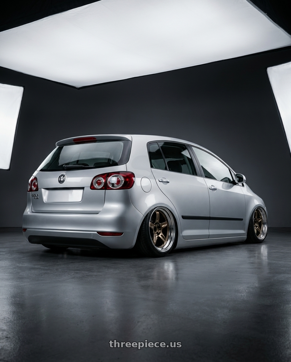 2006 Volkswagen Golf Plus with Volk Racing 21C SPEC-SR 5x114.3 18x9.5 +30 SHINING BRONZE METAL / RIM DC wheels rear three quarter view slight stretch tires