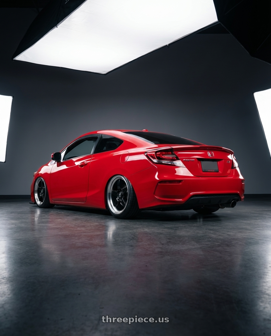 2015 Honda Civic Si with Forgestar D5 Drag 5x114.3 18x10 +22 Gloss Black Machined wheels rear three quarter view slight stretch tires