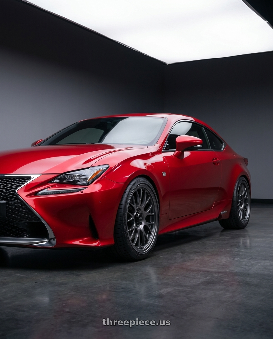 2018 Lexus RC F with Konig MRK1 5X114.3 19x8.5+43 Hyper Carbon - Gloss Black Gear Cap/Logo/Cover Plate wheels front three quarter view lowered stance