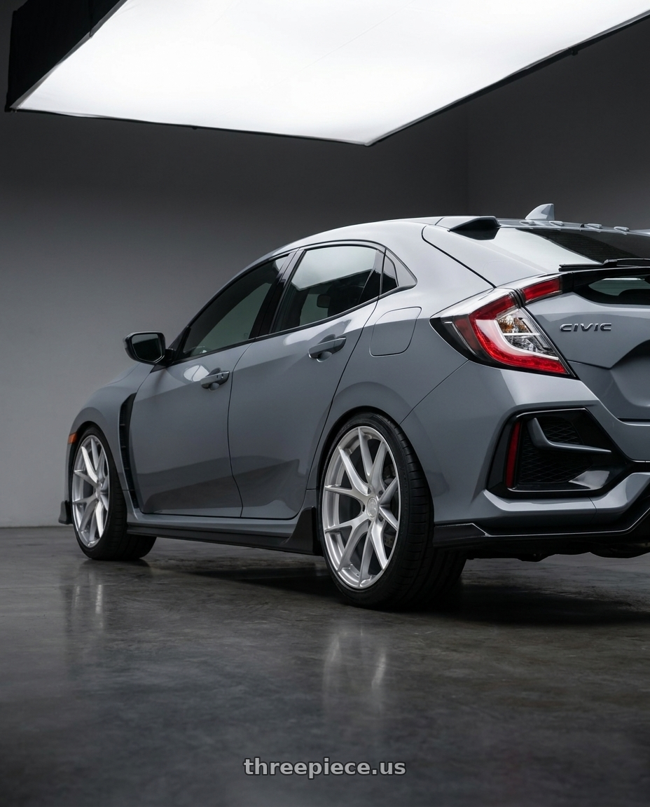 2021 Honda Civic Type R with Aodhan AFF7 5x120 18x9.5+35 Gloss Silver Machined Face wheels rear three quarter view square tires