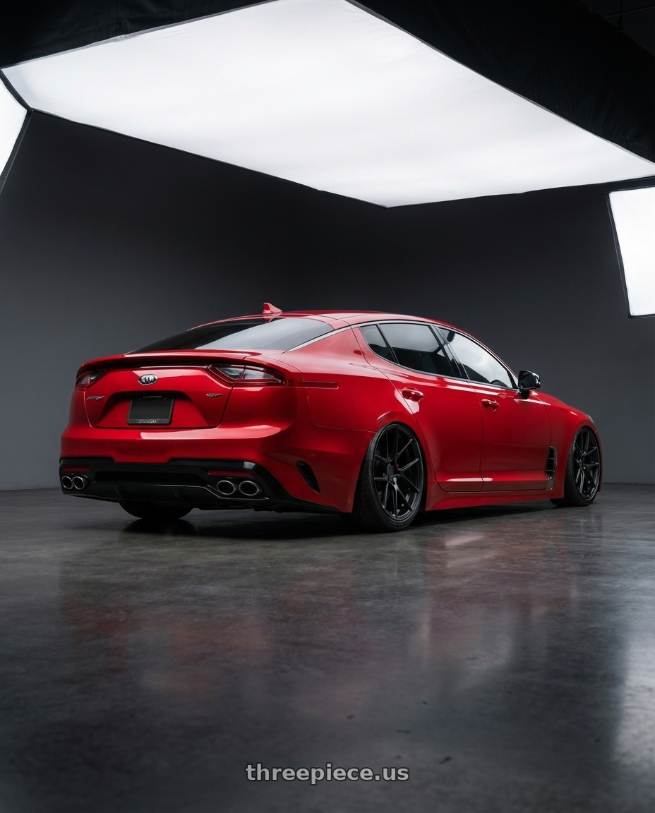 2022 Kia Stinger GT with Avant Garde Wheels M510 5X114.3 19x9.5 +40 Matte Black wheels rear three quarter view slight stretch tires