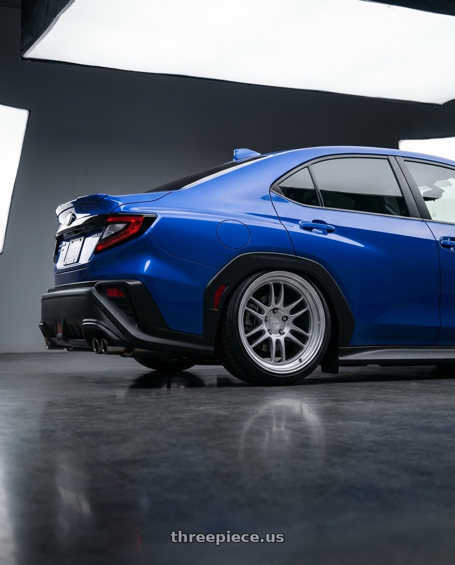 2024 Subaru WRX with Kansei K11S Tandem 5x114.3 19x9.5 22 Hyper Silver wheels rear three quarter view slight stretch tires